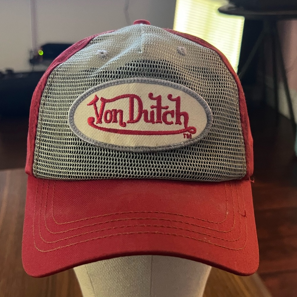 Vintage Von Dutch Trucker Hat, red and gray , white and red letter Patch, 2000s